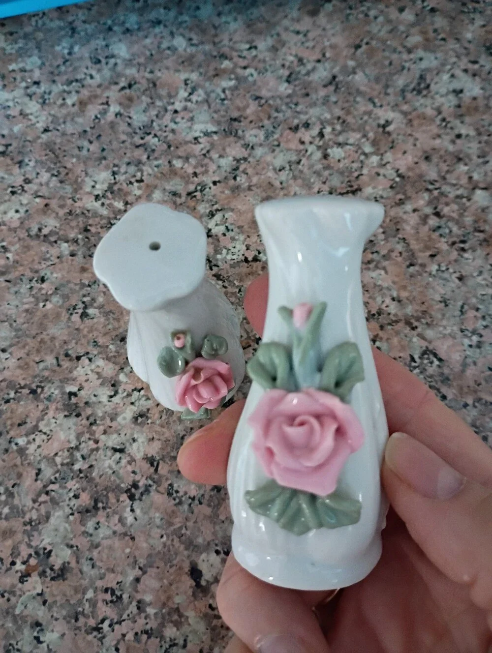 Vintage Raised Pink Rose Salt & Pepper Shakers, White Porcelain, Collegecore